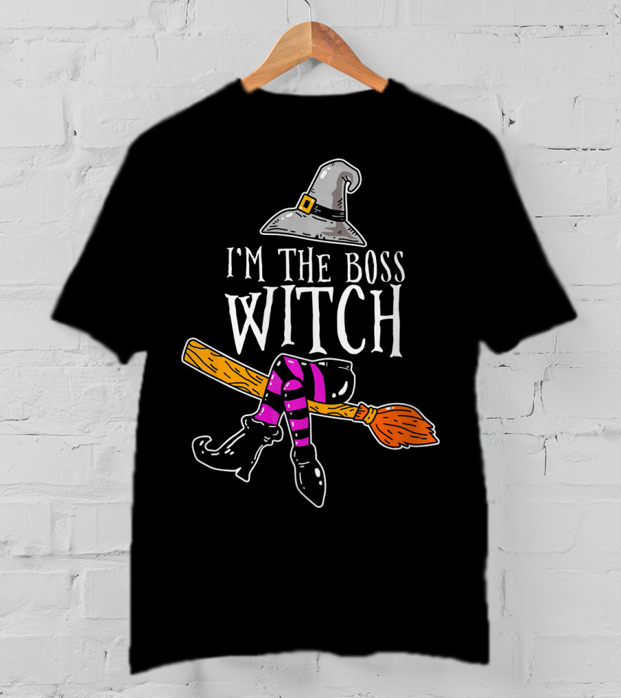 I'm The Boss Witch Funny Halloween Hat Broomstick Boots Striped Socks T-Shirt