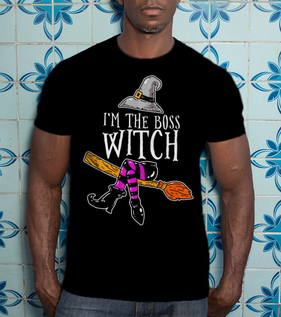 I'm The Boss Witch Funny Halloween Hat Broomstick Boots Striped Socks T-Shirt