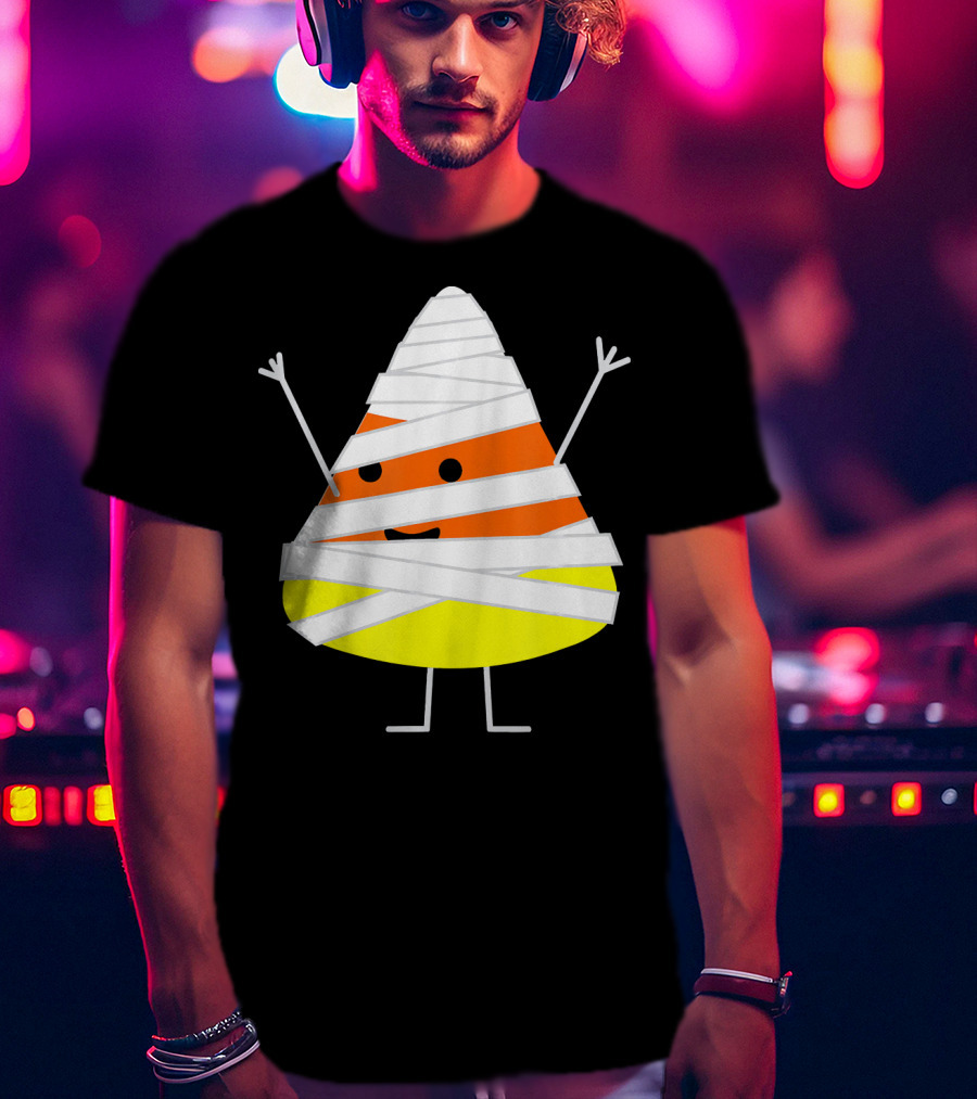 Mummy Wrapped Cartoon Candy Corn Halloween T-Shirt