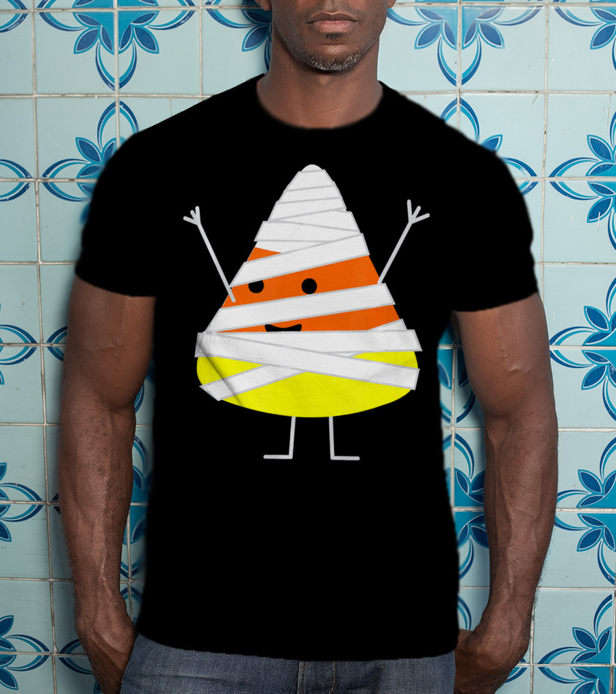 Mummy Wrapped Cartoon Candy Corn Halloween T-Shirt