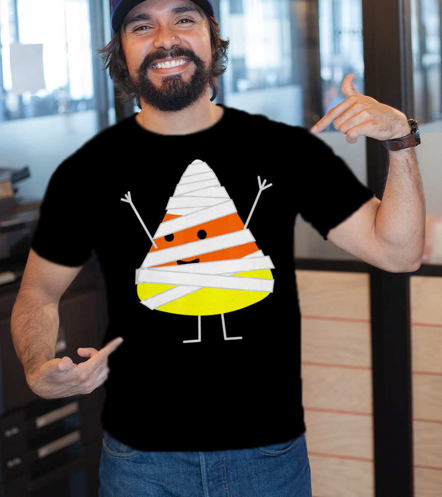 Mummy Wrapped Cartoon Candy Corn Halloween T-Shirt