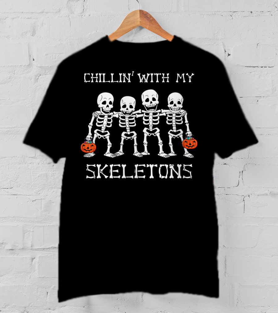CHILLIN' WITH MY SKELETONS Holding Pumpkins T-Shirt