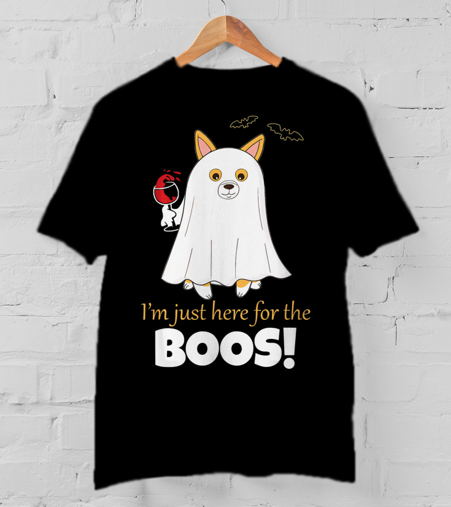 I'm Just Here For The Boos Corgi With Wine And Bat Decorations T-Shirt