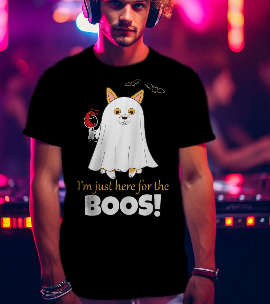 I'm Just Here For The Boos Corgi With Wine And Bat Decorations T-Shirt