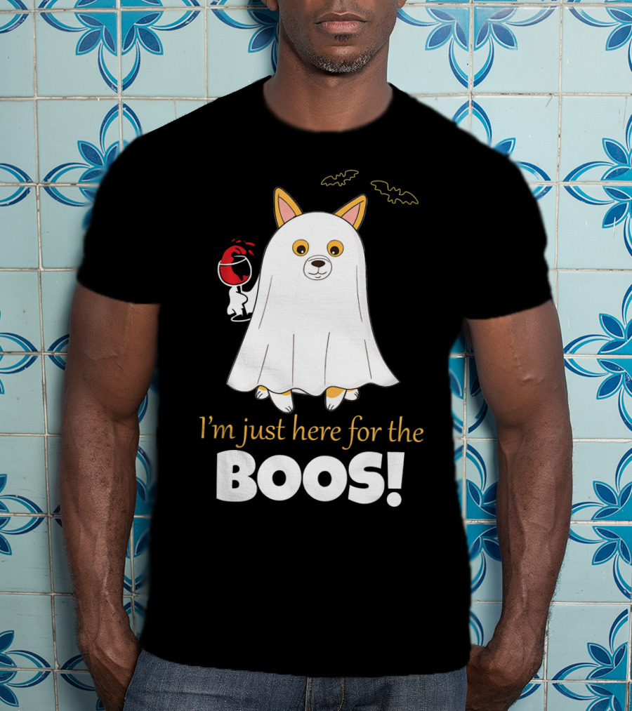 I'm Just Here For The Boos Corgi With Wine And Bat Decorations T-Shirt