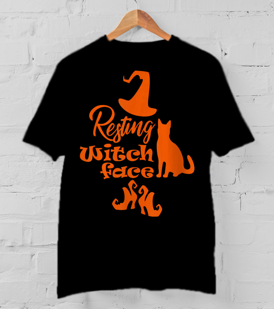 Resting Witch Face Halloween Cat Witch Hat Shoes T-Shirt
