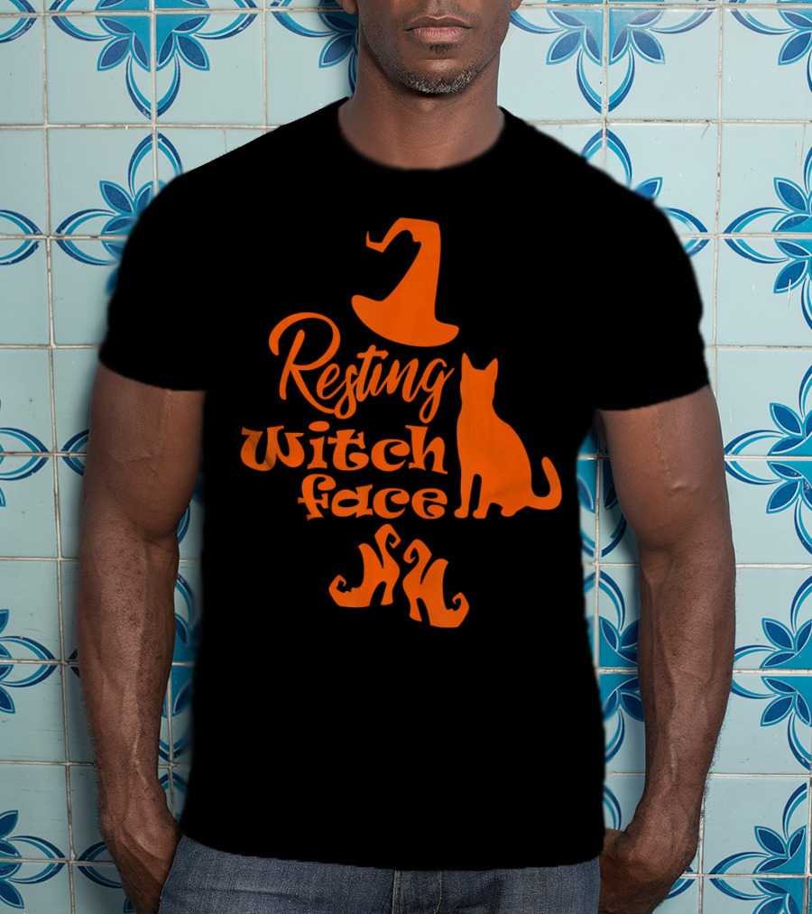 Resting Witch Face Halloween Cat Witch Hat Shoes T-Shirt