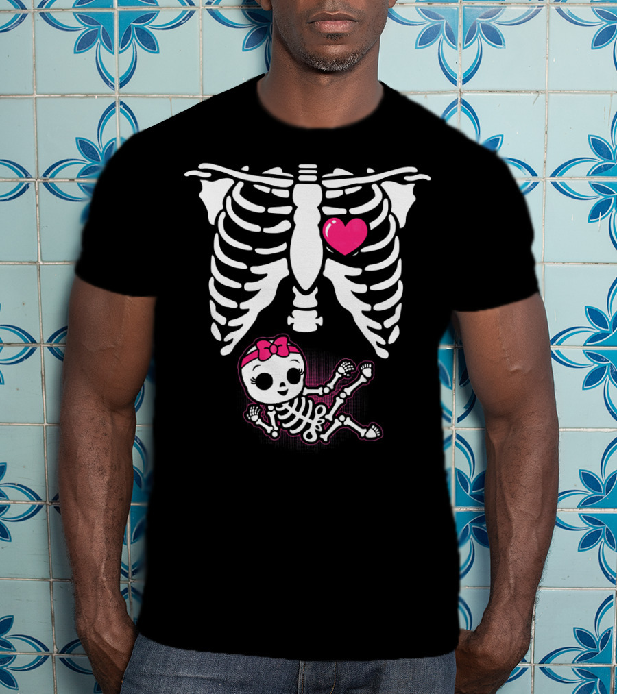 Halloween Skeleton Pregnancy Ribcage With Baby Girl And Heart T-Shirt