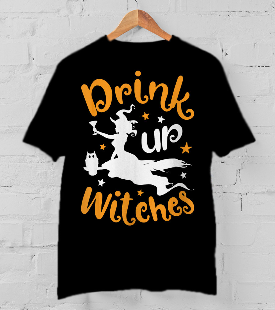 Drink Up Witches Halloween Witch Silhouette With Owl And Stars T-Shirt