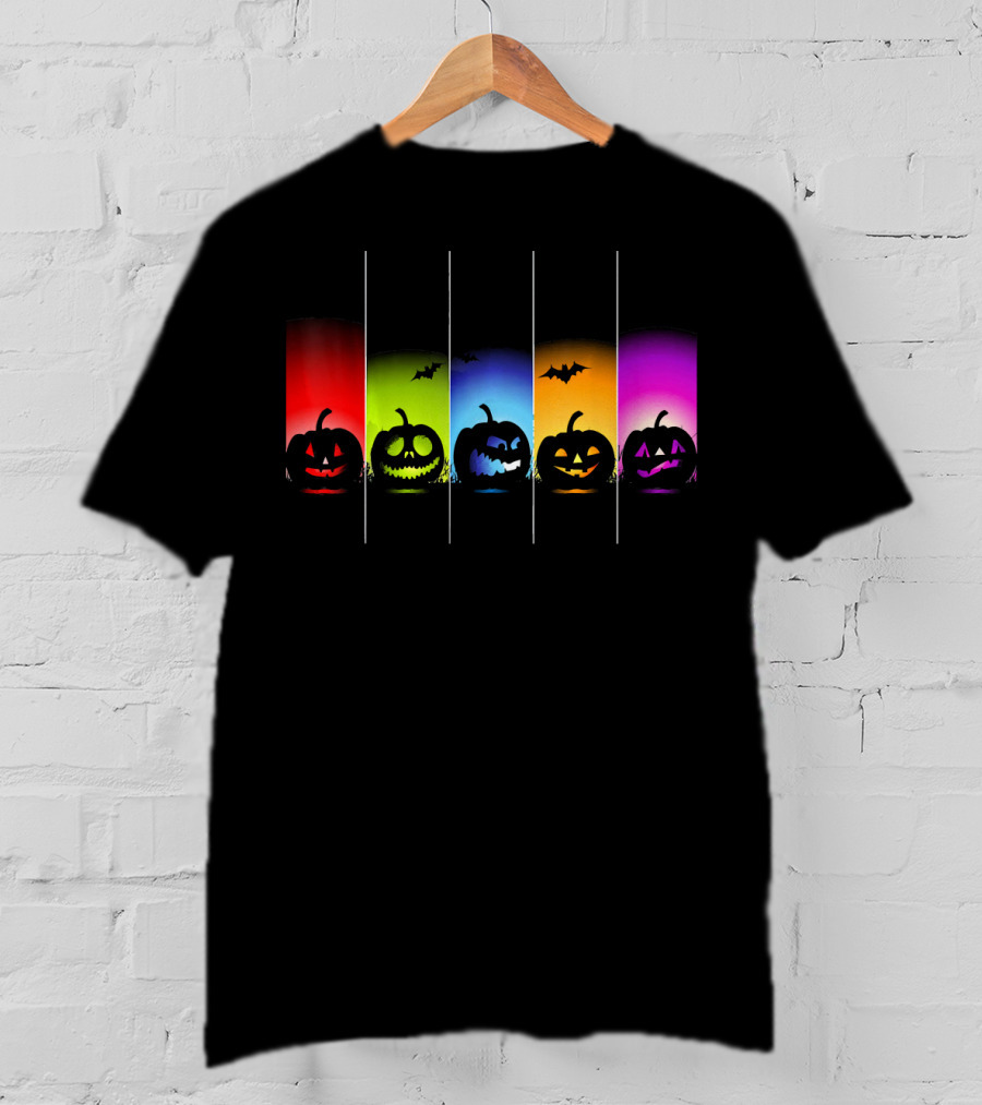 Rainbow Halloween Pumpkins With Colorful Backgrounds And Bats T-Shirt