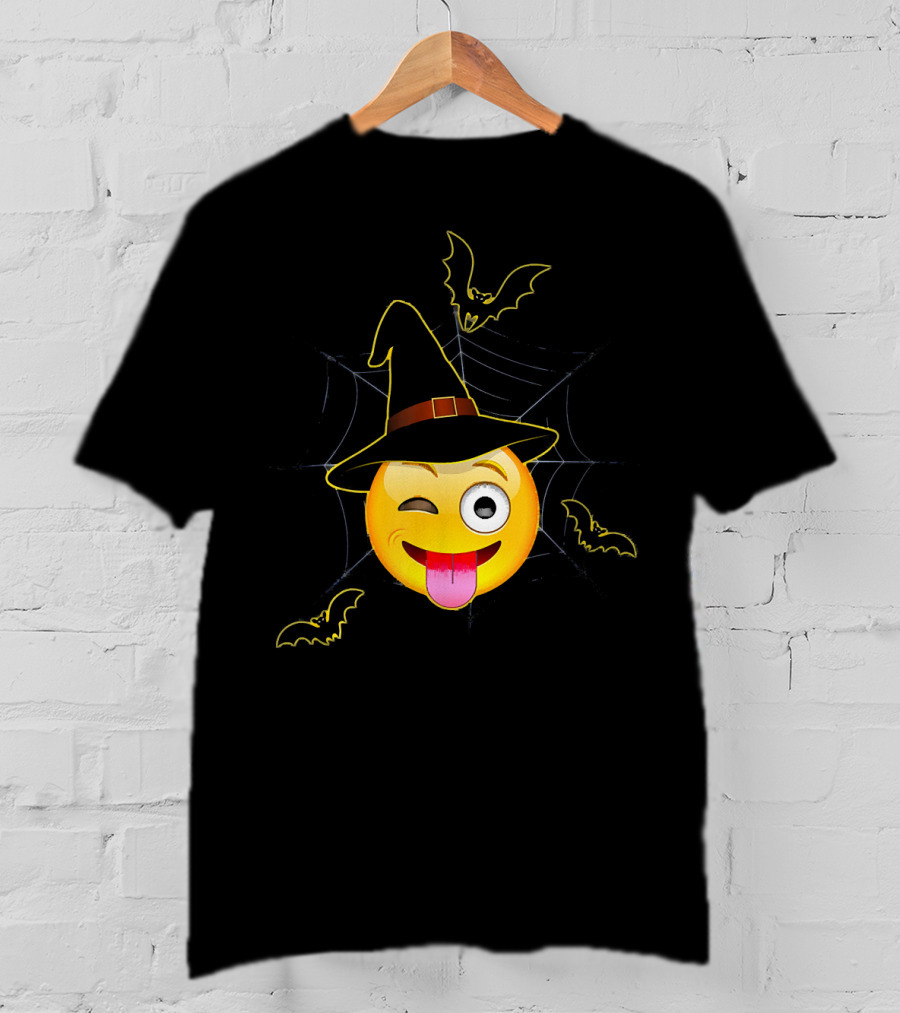 Funny Halloween Witch Emoji Winking Face With Bats And Spider Web T-Shirt