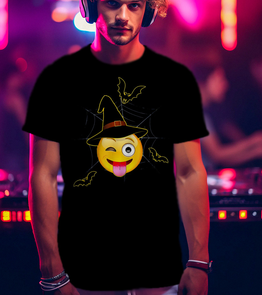 Funny Halloween Witch Emoji Winking Face With Bats And Spider Web T-Shirt