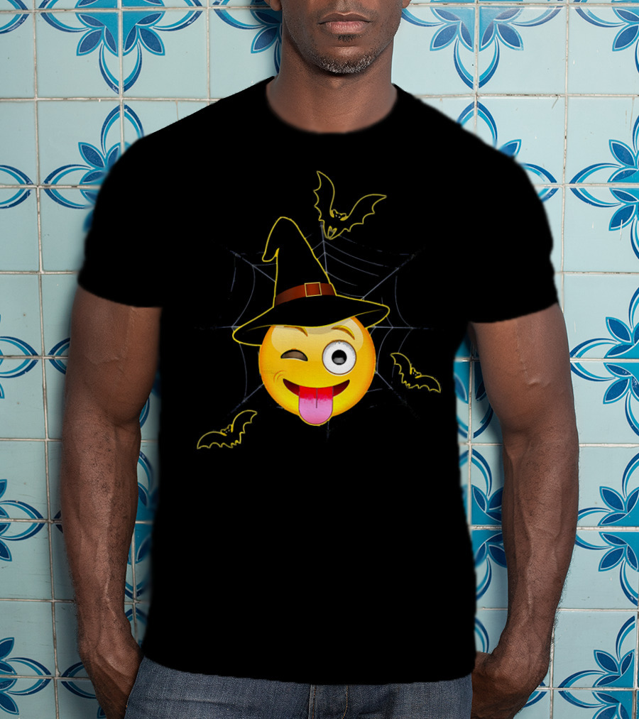Funny Halloween Witch Emoji Winking Face With Bats And Spider Web T-Shirt
