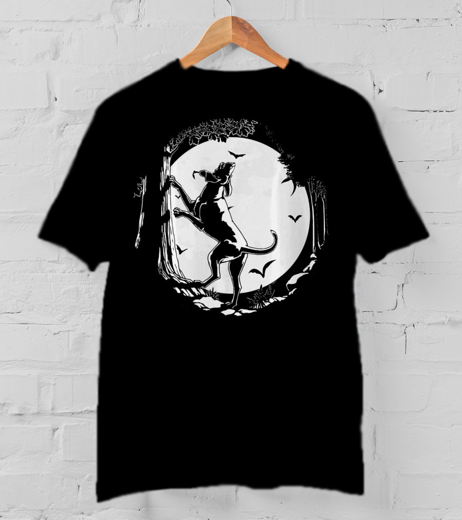 Coonhound Hunting Dog Under Full Moon With Bats And Trees T-Shirt