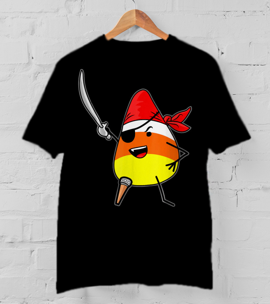 Candy Corn Pirate With Jolly Roger Sword Halloween T-Shirt