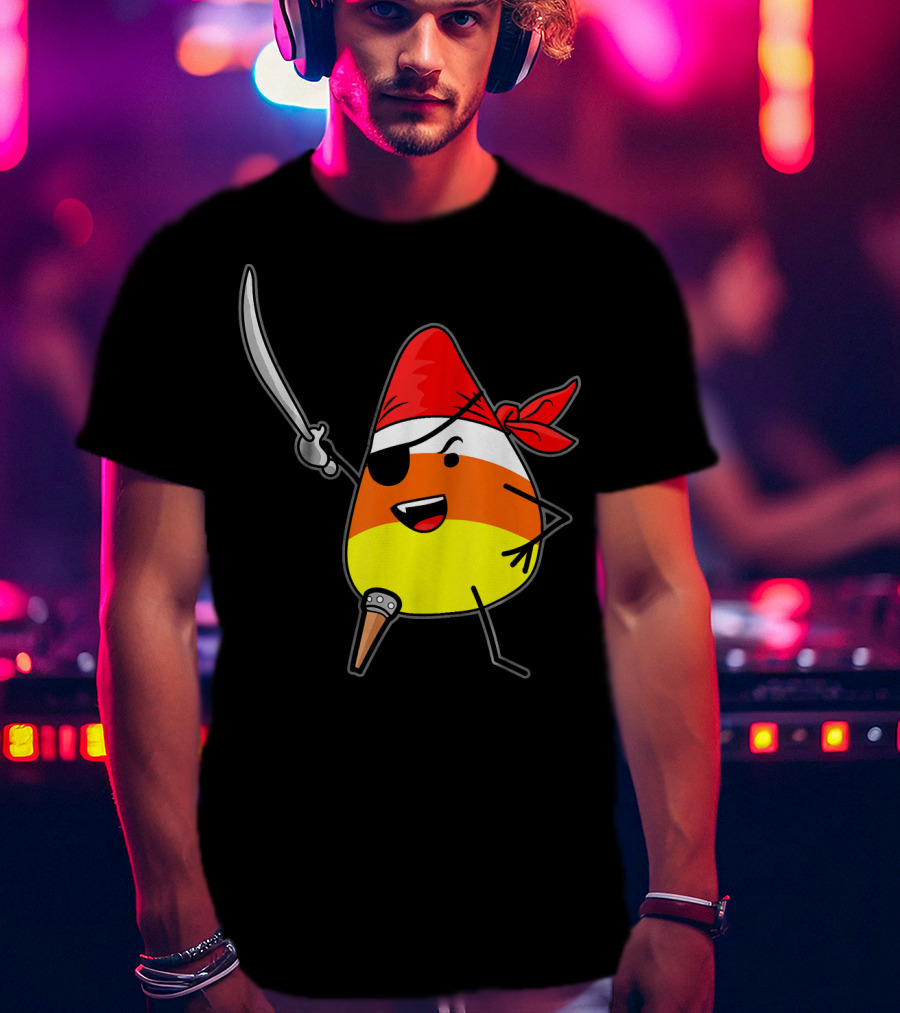 Candy Corn Pirate With Jolly Roger Sword Halloween T-Shirt
