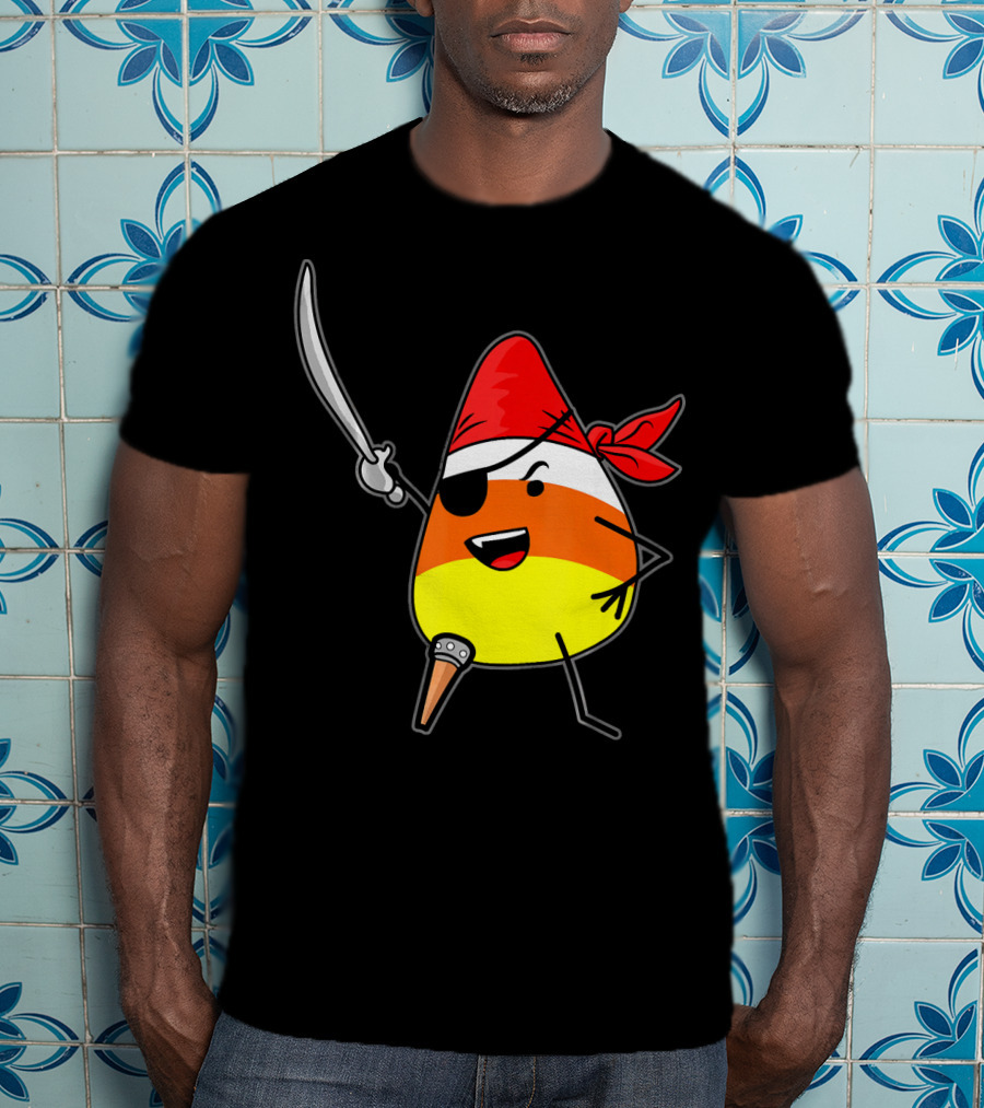 Candy Corn Pirate With Jolly Roger Sword Halloween T-Shirt