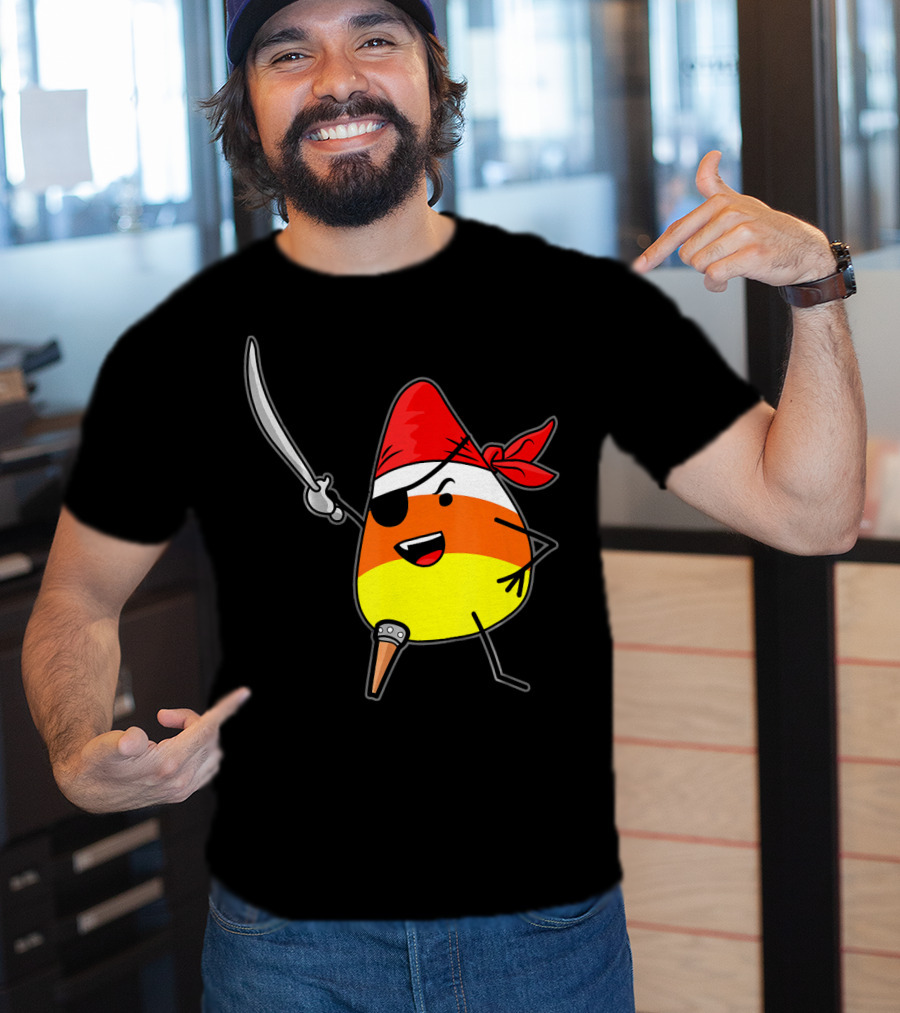 Candy Corn Pirate With Jolly Roger Sword Halloween T-Shirt