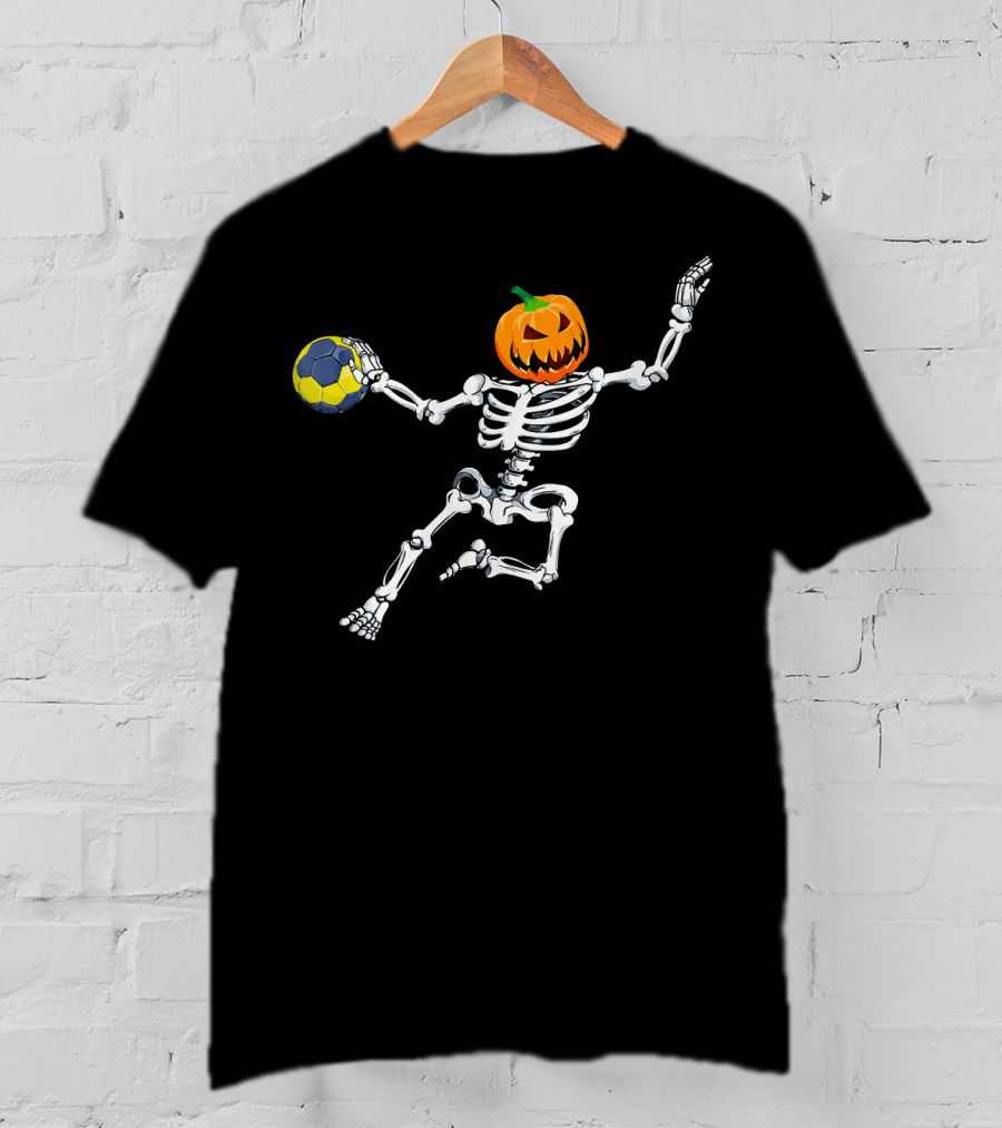 Skeleton Handball Player With Halloween Pumpkin Head T-Shirt