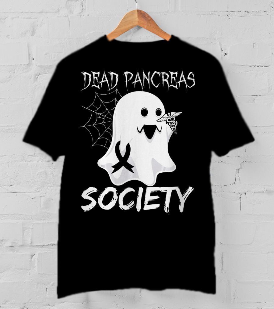 Dead Pancreas Society Ghost With Ribbon And Caduceus Diabetes Awareness T-Shirt