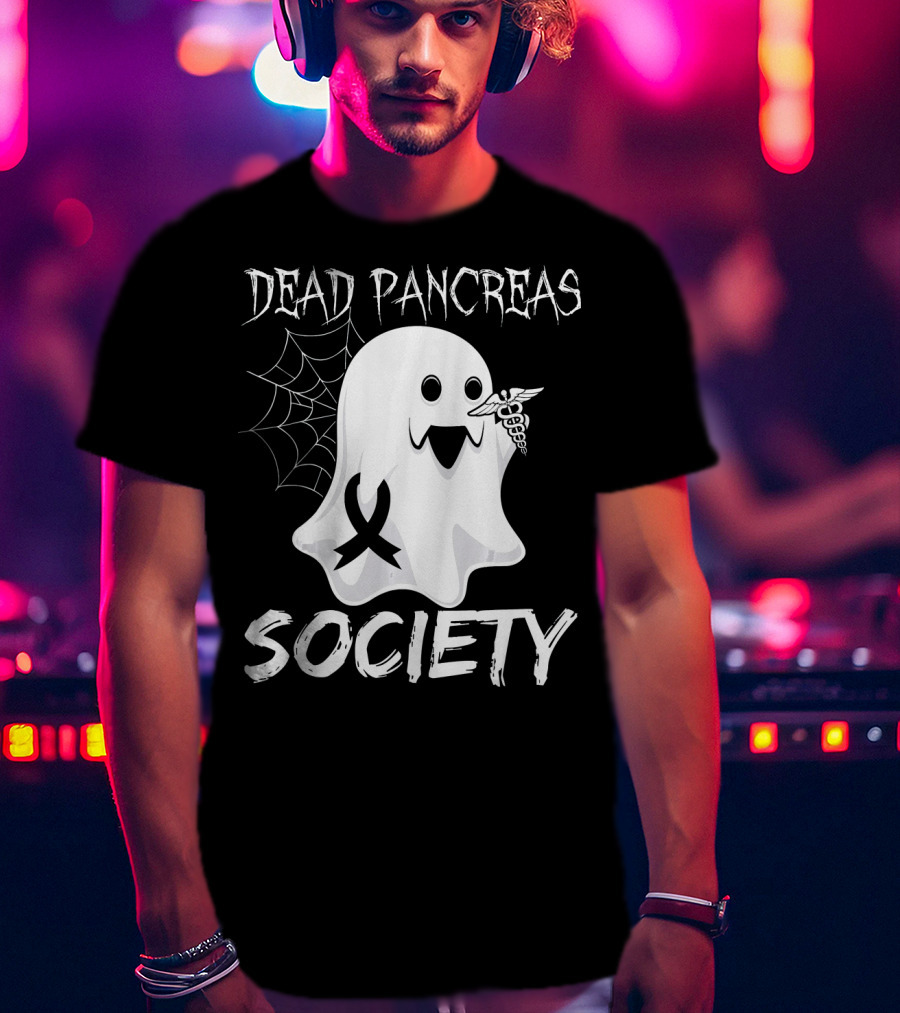 Dead Pancreas Society Ghost With Ribbon And Caduceus Diabetes Awareness T-Shirt