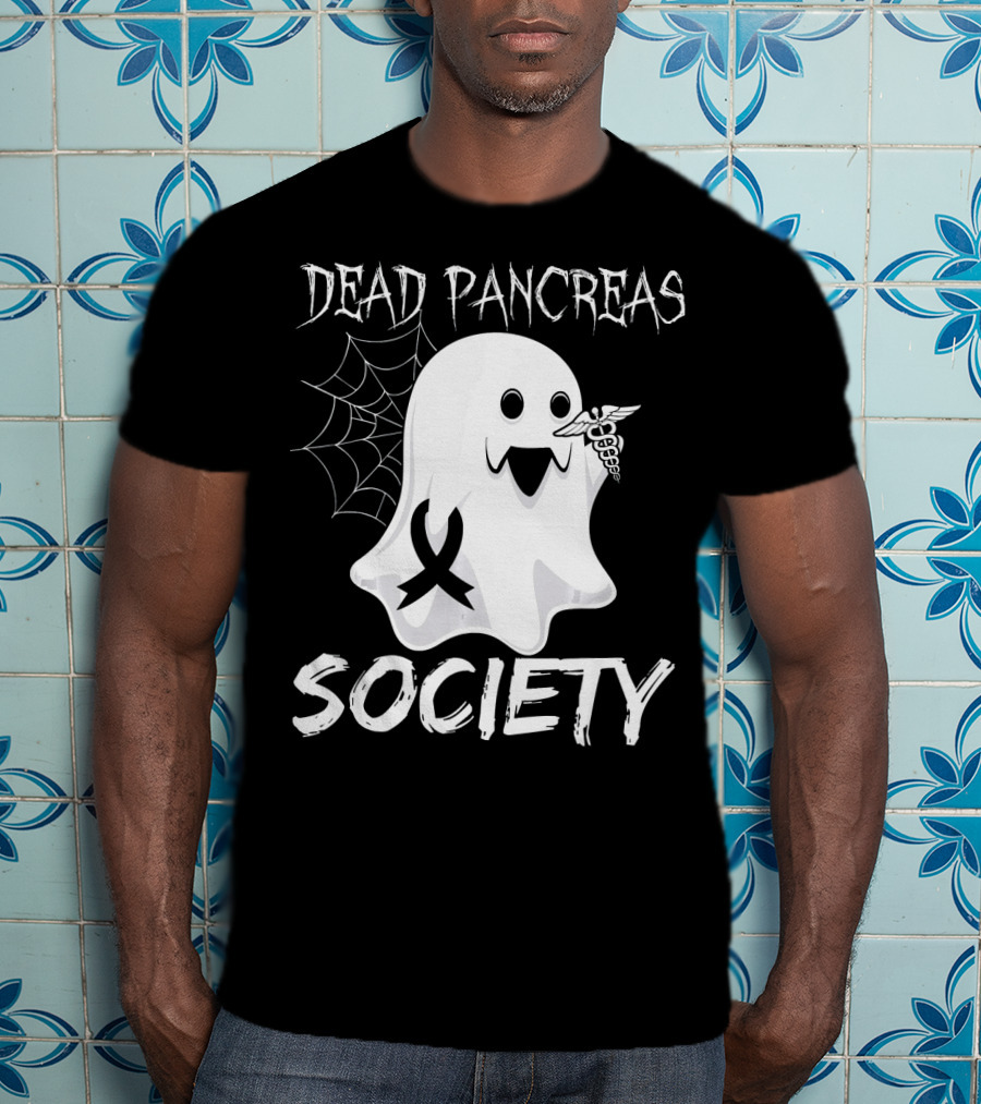 Dead Pancreas Society Ghost With Ribbon And Caduceus Diabetes Awareness T-Shirt