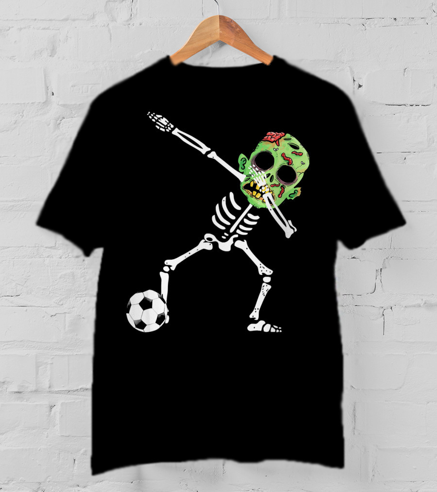 Dabbing Skeleton Soccer Zombie With Green Head T-Shirt