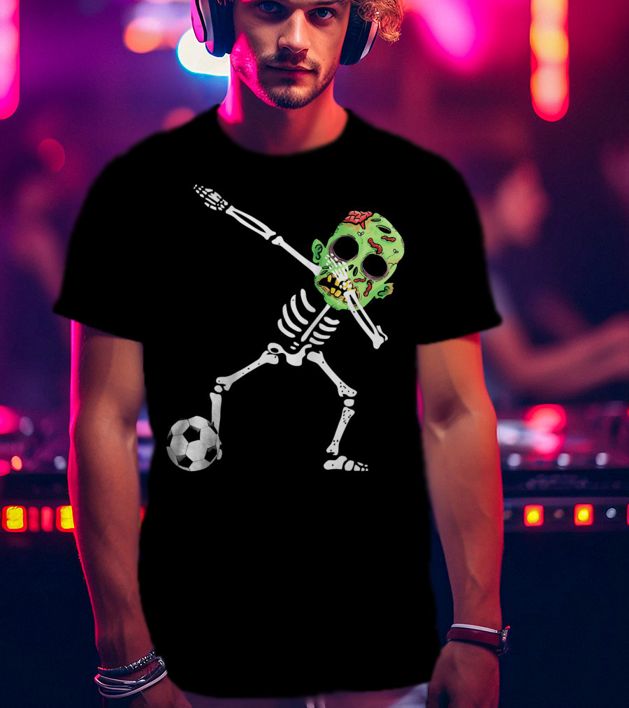 Dabbing Skeleton Soccer Zombie With Green Head T-Shirt