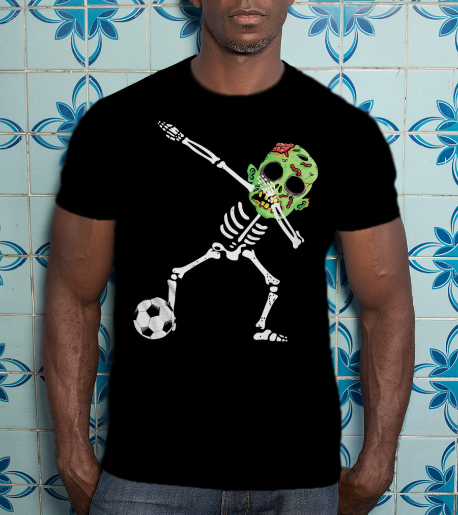 Dabbing Skeleton Soccer Zombie With Green Head T-Shirt
