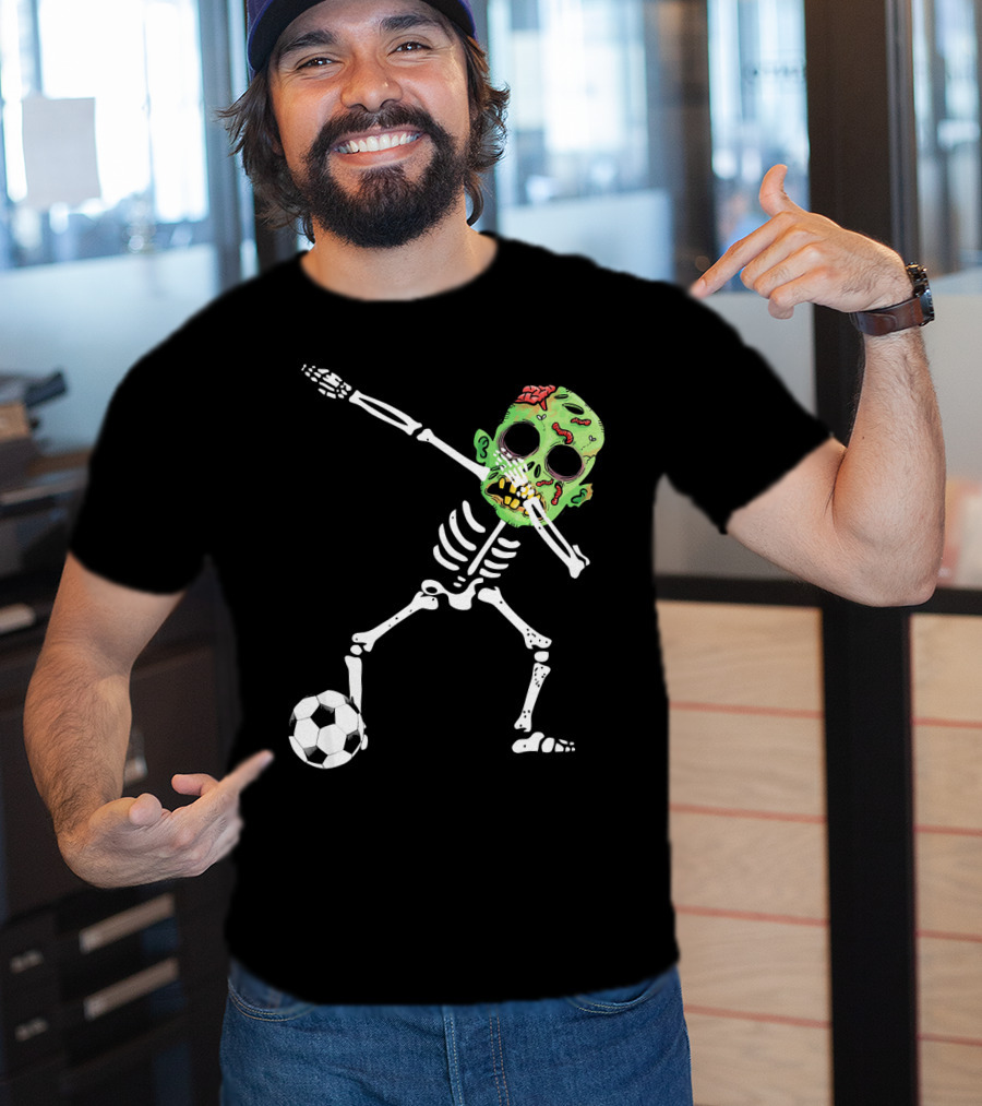 Dabbing Skeleton Soccer Zombie With Green Head T-Shirt