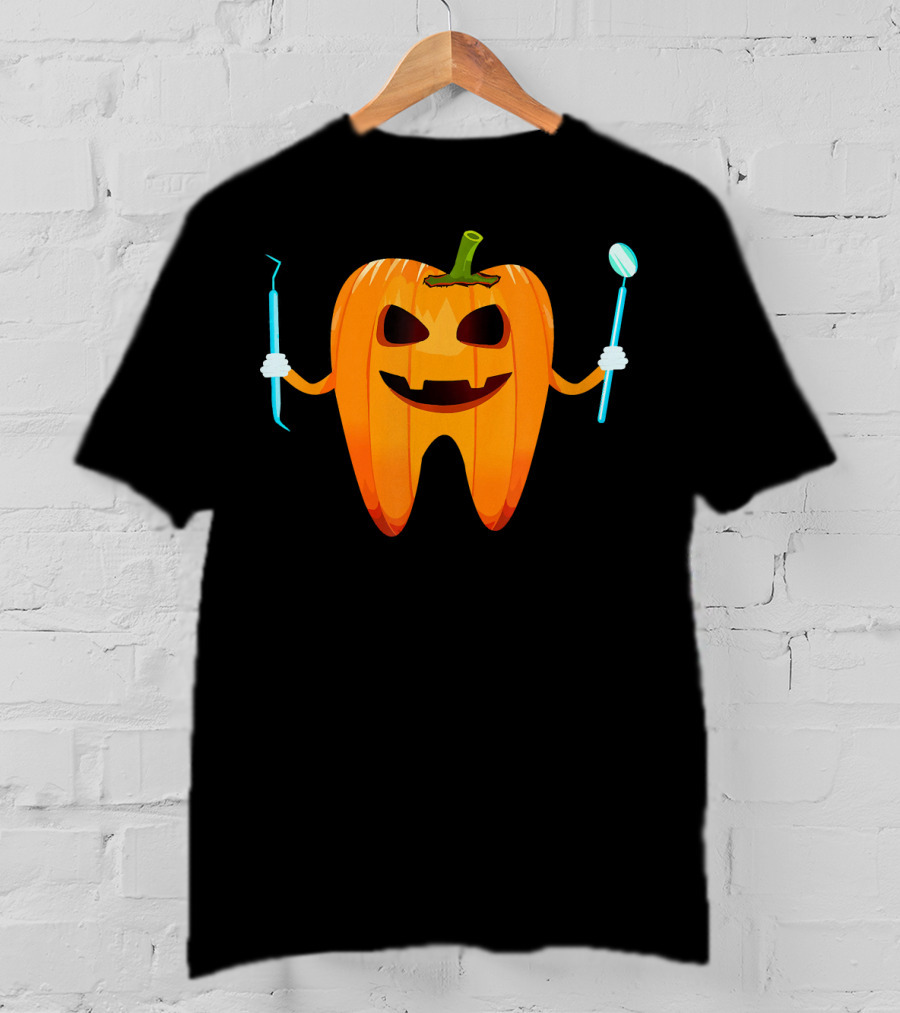 Halloween Tooth Pumpkin Holding Dental Tools T-Shirt