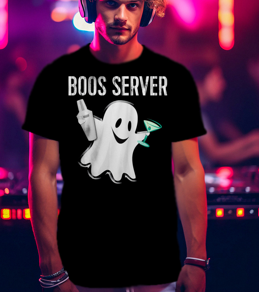 Boos Server Ghost Holding Cocktail Shaker And Martini T-Shirt