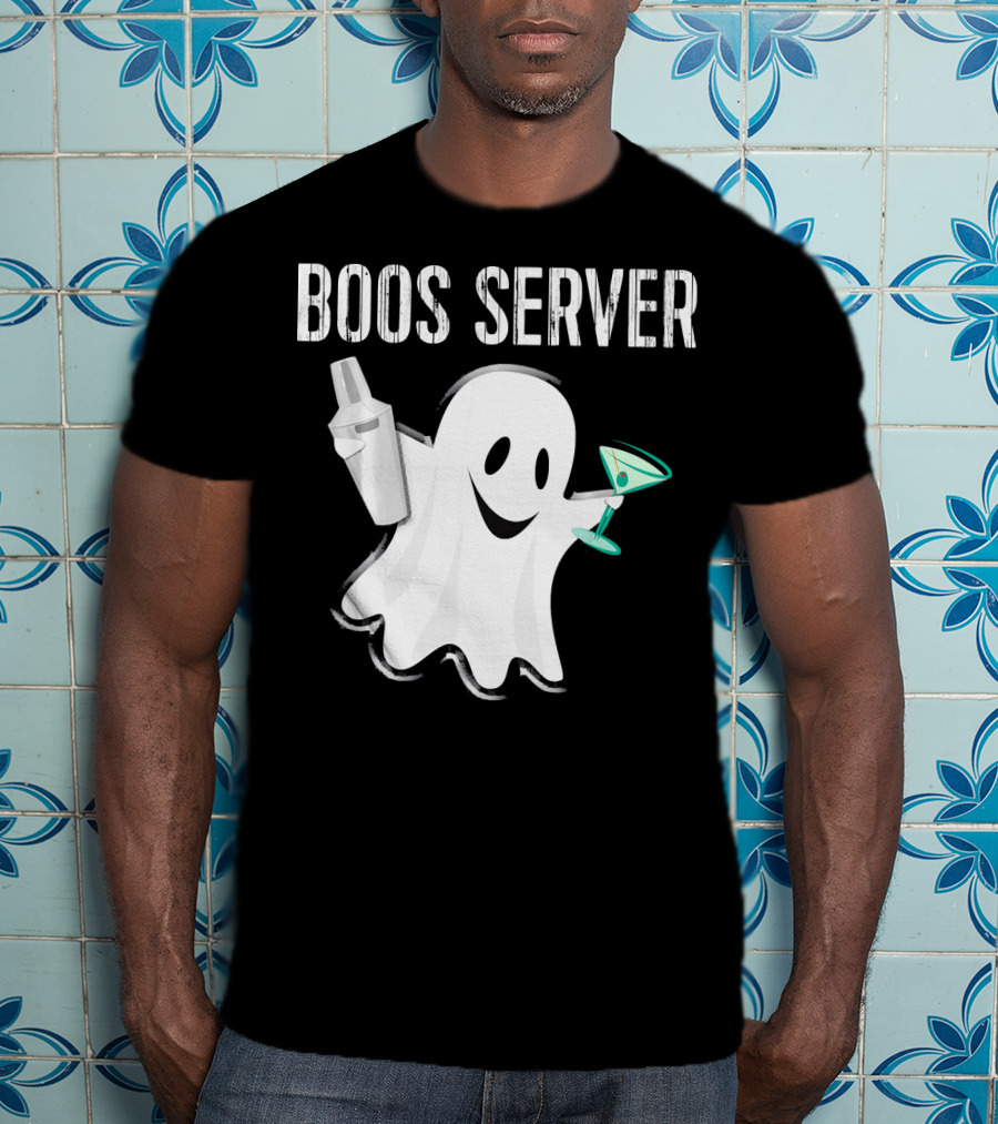 Boos Server Ghost Holding Cocktail Shaker And Martini T-Shirt
