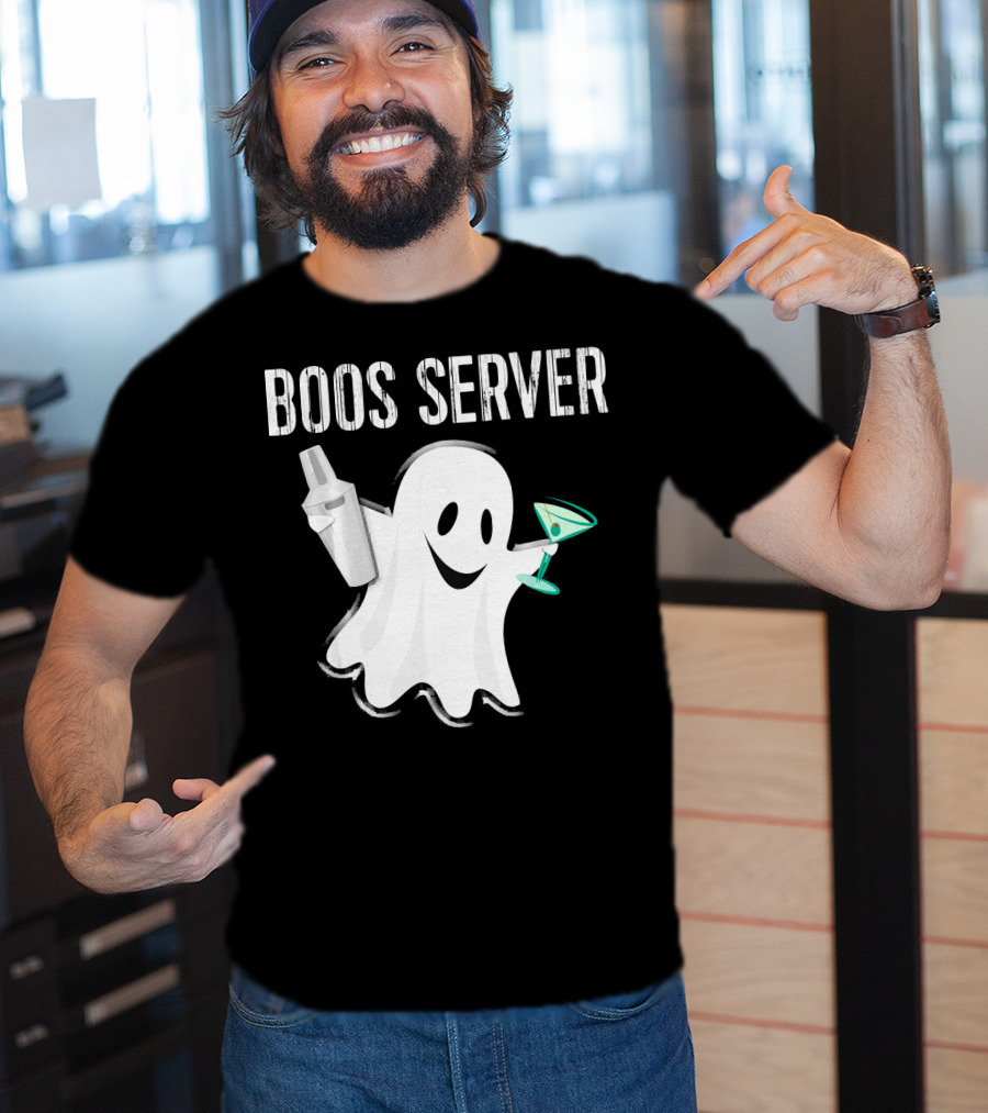 Boos Server Ghost Holding Cocktail Shaker And Martini T-Shirt