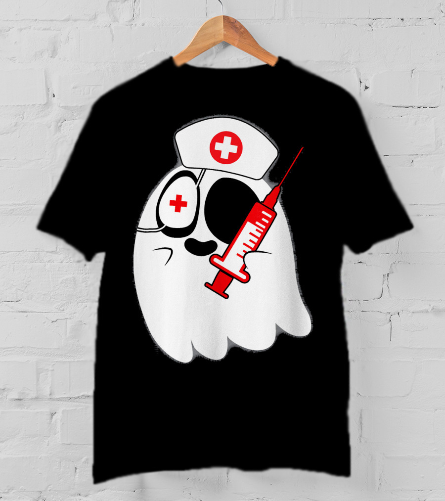 Funny Ghost Nurse Emoji With Syringe Nurse Hat T-Shirt
