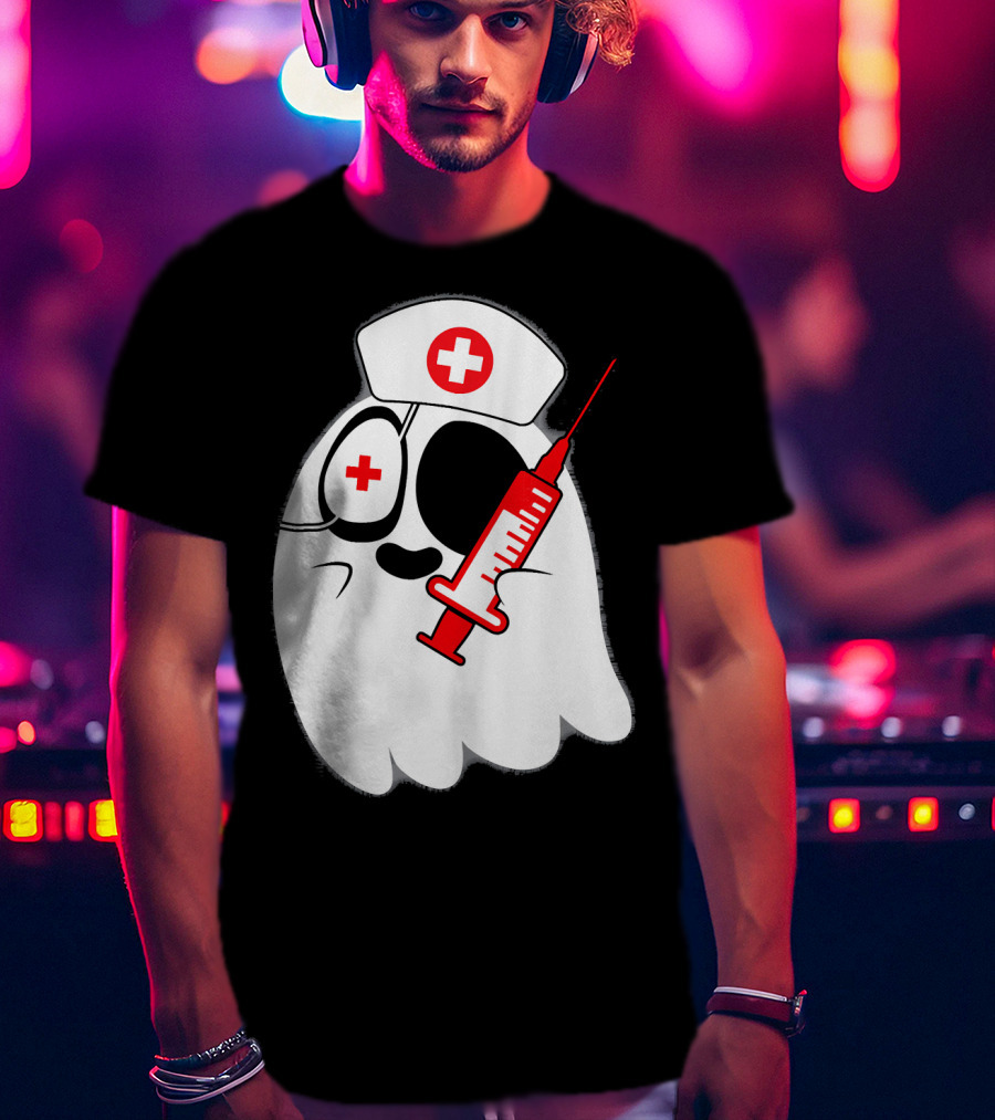 Funny Ghost Nurse Emoji With Syringe Nurse Hat T-Shirt