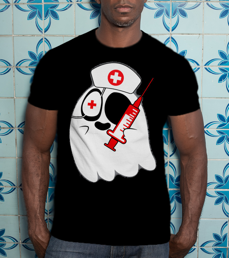 Funny Ghost Nurse Emoji With Syringe Nurse Hat T-Shirt