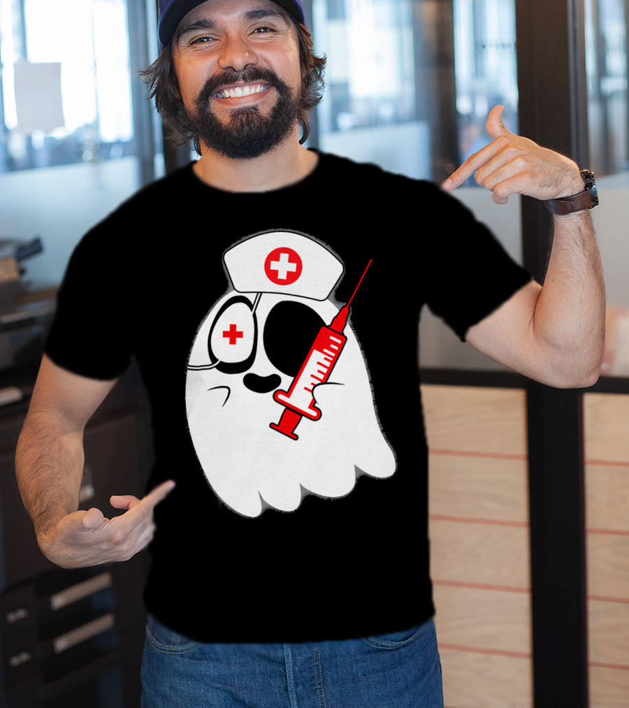 Funny Ghost Nurse Emoji With Syringe Nurse Hat T-Shirt