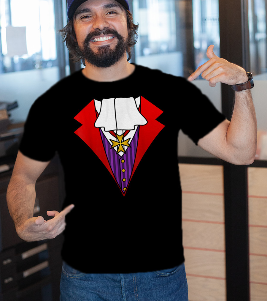 Easy Halloween Costumes Dracula Tuxedo Red Jacket Purple Vest White Cravat T-Shirt