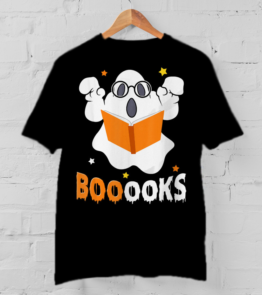 Booooks Ghost With Glasses Holding Orange Book And Stars T-Shirt