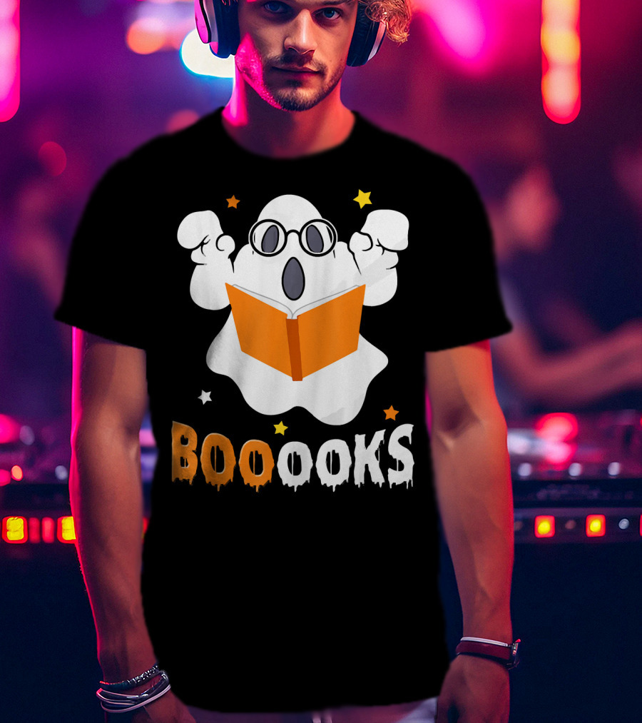Booooks Ghost With Glasses Holding Orange Book And Stars T-Shirt