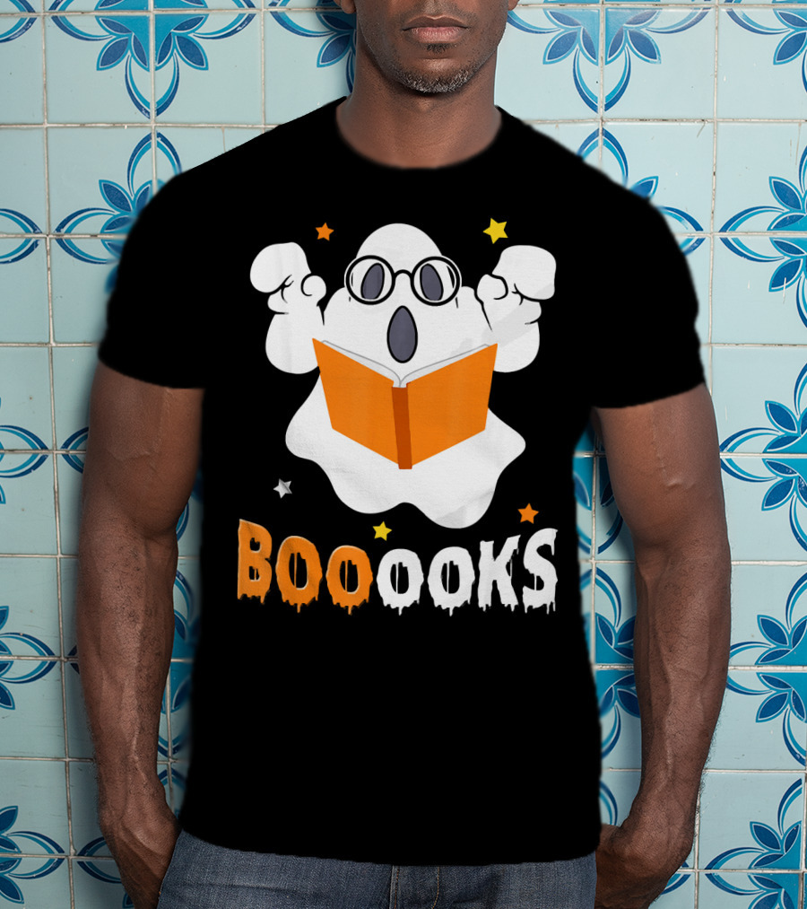 Booooks Ghost With Glasses Holding Orange Book And Stars T-Shirt