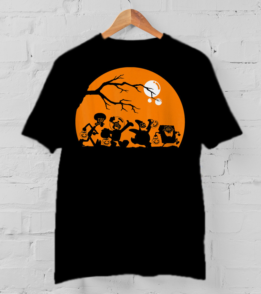 Spongebob Squarepants Halloween Group Silhouette Against Orange Moon T-Shirt