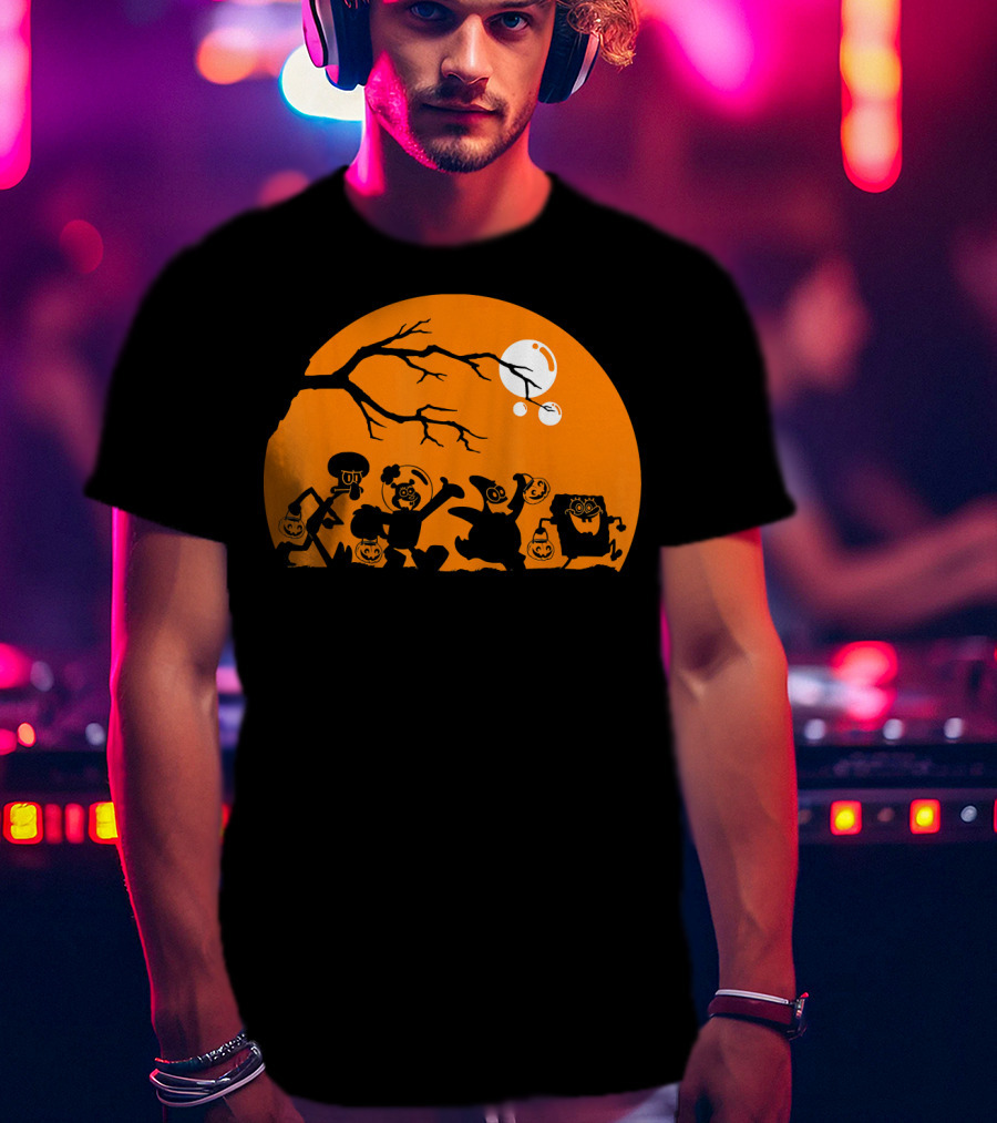Spongebob Squarepants Halloween Group Silhouette Against Orange Moon T-Shirt