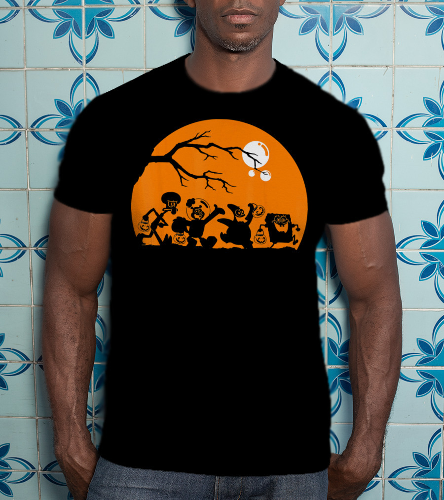 Spongebob Squarepants Halloween Group Silhouette Against Orange Moon T-Shirt