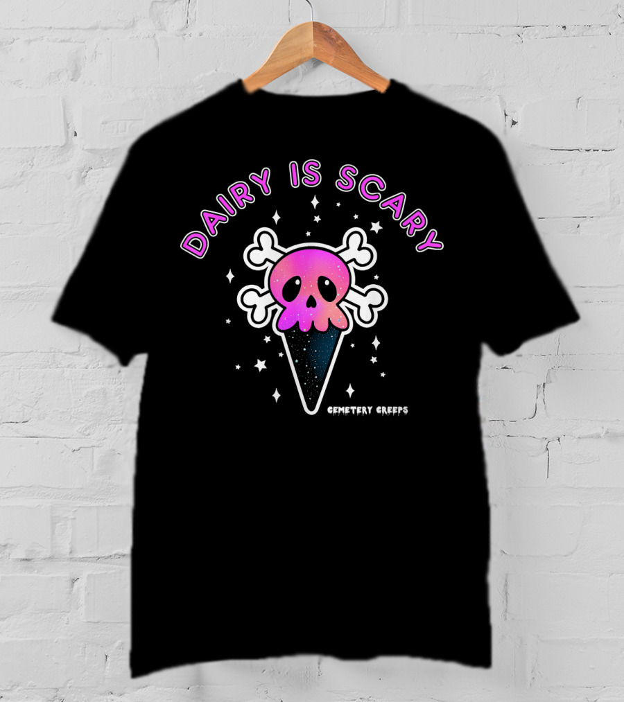 Dairy Is Scary Vegan Halloween Horror Cemetery Creeps Skullicone T-Shirt