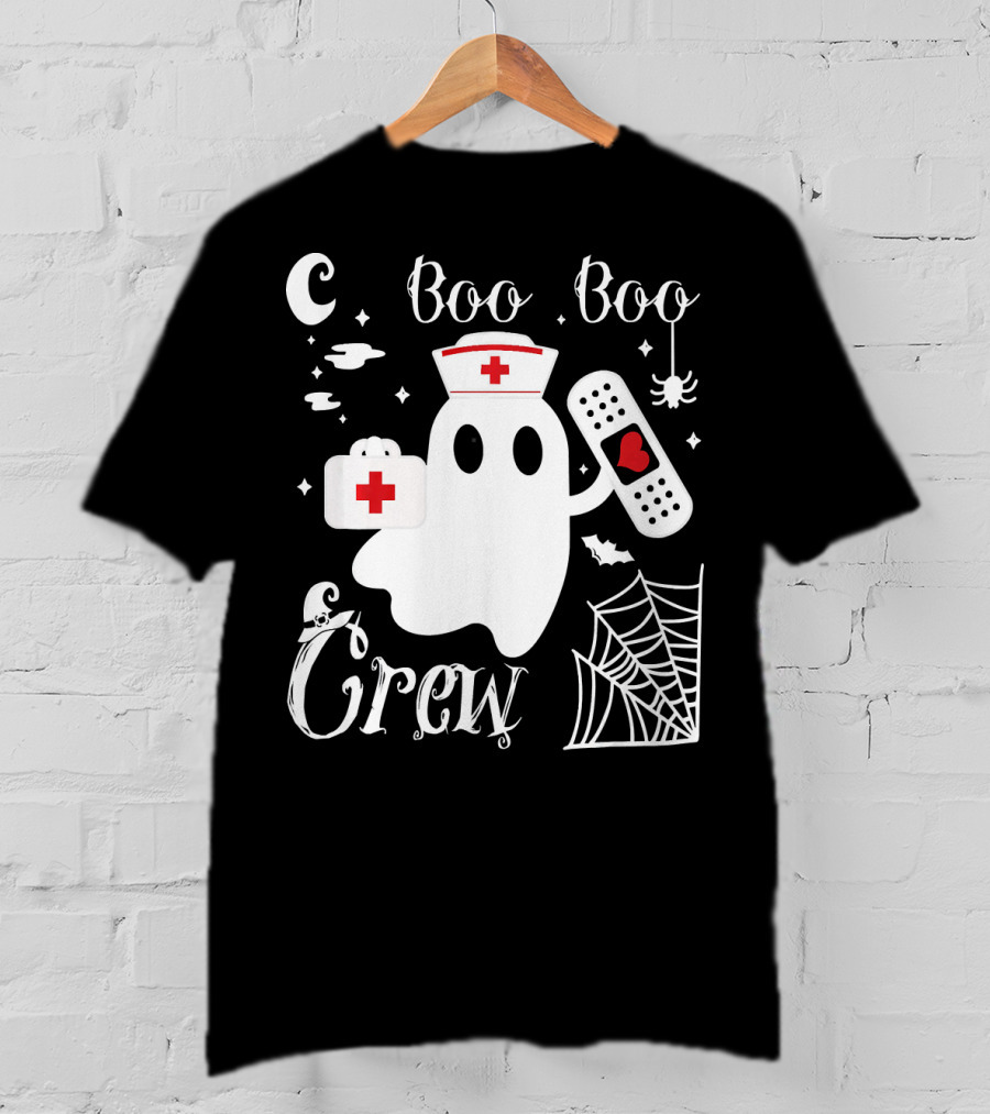Boo Boo Crew Ghost Nurse With Bandage And Spider Web And Medical Symbols T-Shirt