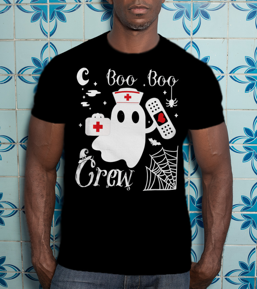 Boo Boo Crew Ghost Nurse With Bandage And Spider Web And Medical Symbols T-Shirt