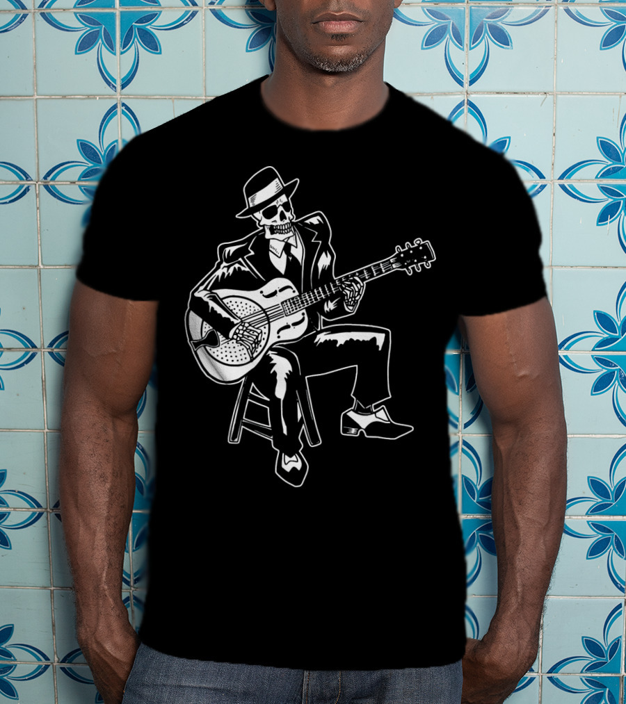 Blues Music Skeleton Playing Guitar With Fedora And Suit T-Shirt