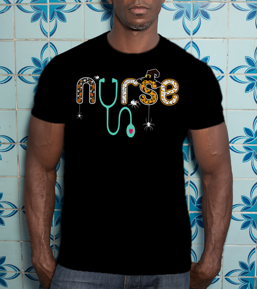Nurse Stethoscope Spider Halloween Witch Hat T-Shirt